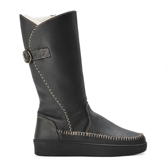 Black leather boot with a buckle on a white background