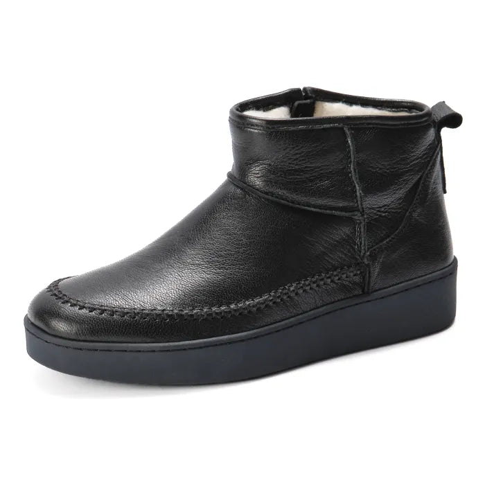 Black leather ankle boot with wool lining on a white background