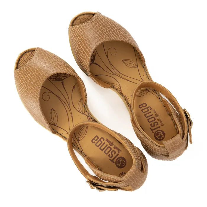 Pair of brown open-toe shoes with 'Tsonga' branding on a white background