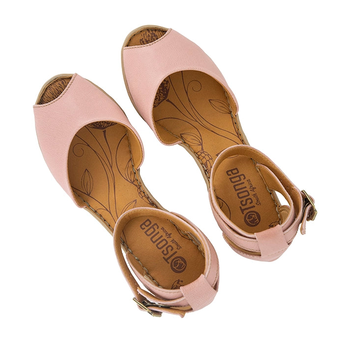 Pair of pink open-toe shoes with 'Tsonga' branding on a white background