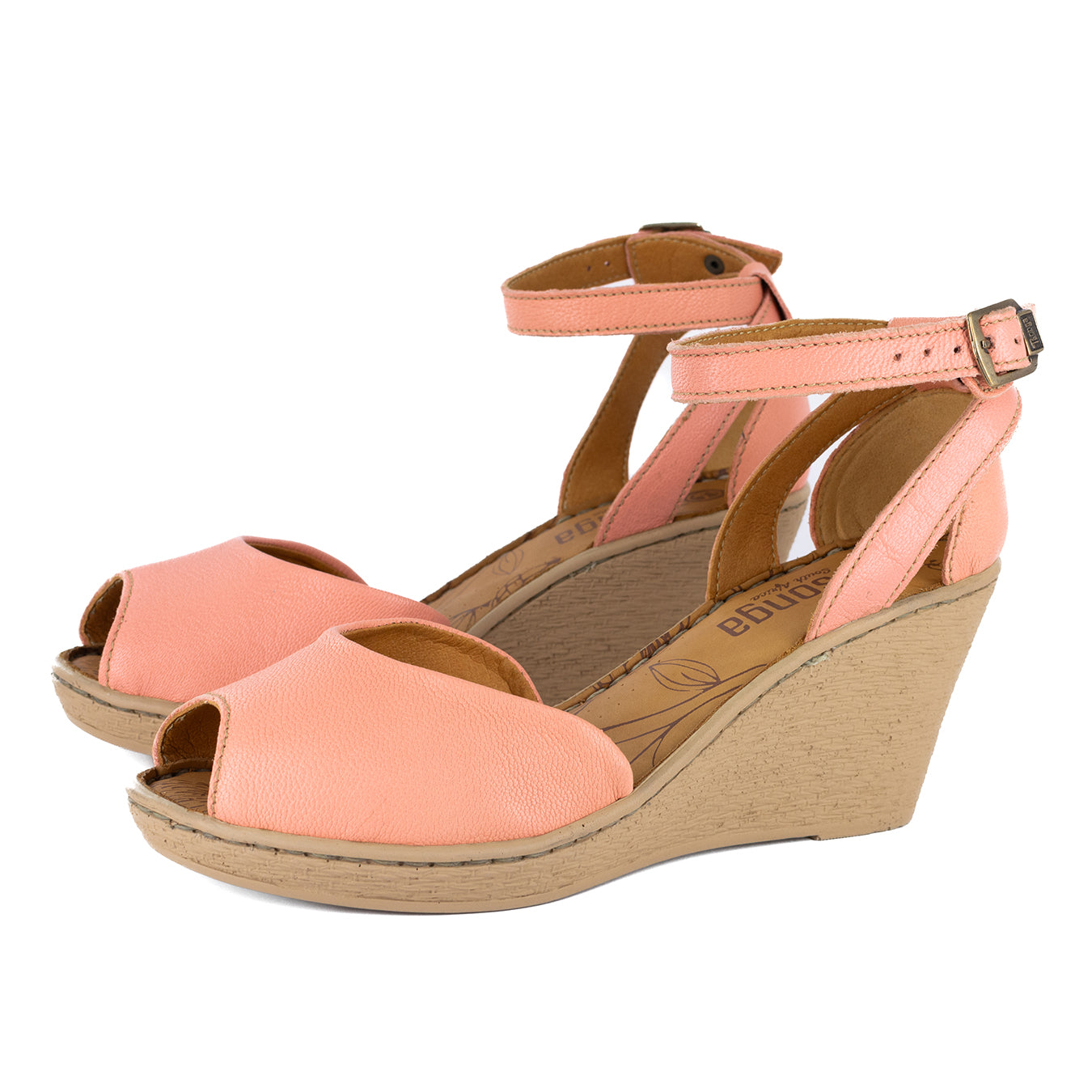 Wanyaza : Ladies Leather High-Heel Wedge Sandal in Papaya