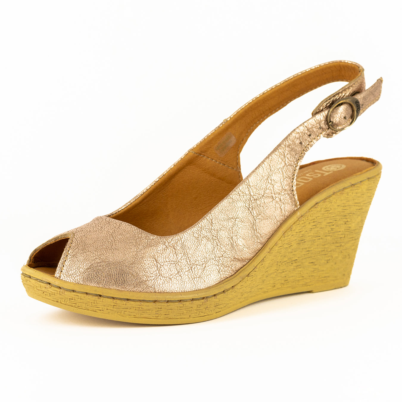Zangemuva : Ladies Leather Peep-Toe High-Heel Wedge Sandal in Gold