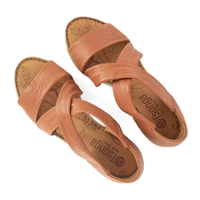 Pair of brown sandals with 'Tsonga' branding on a white background