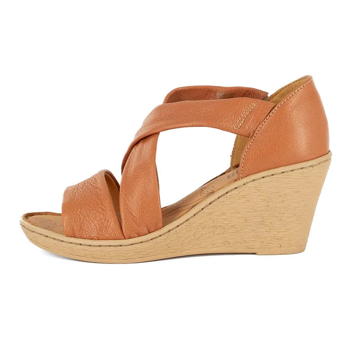 Tan wedge sandal on a white background
