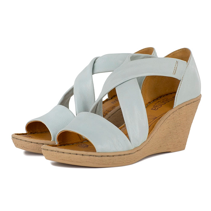 Pale blue wedge sandals with beige sole on a white background