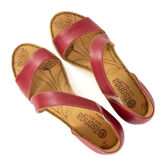 Red sandals with tan soles on a white background