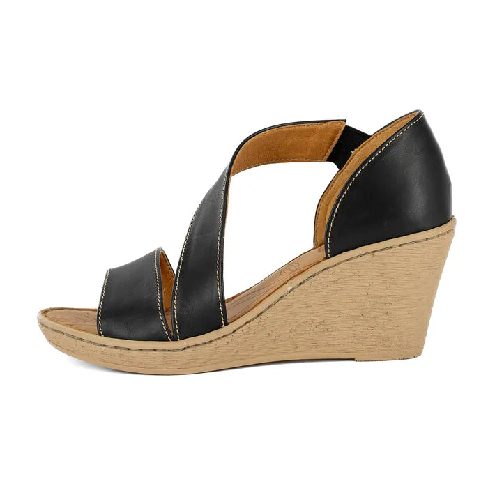 Black wedge sandal with a wedge sole on a white background