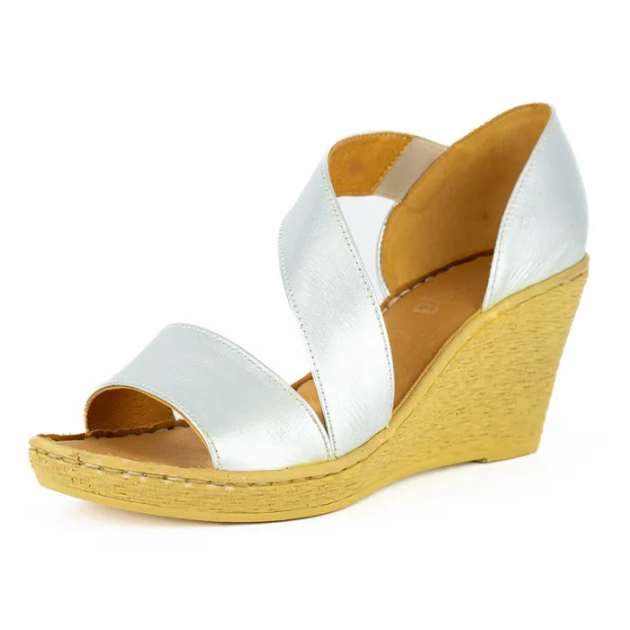 Silver wedge sandal with a wedge sole on a white background