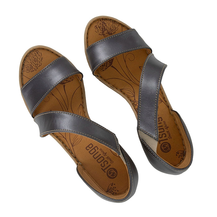 Pair of silver sandals with brown soles on a white background