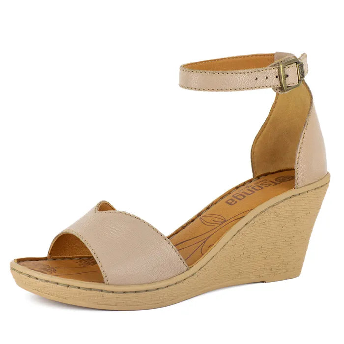 Beige wedge sandal with a strap on a white background