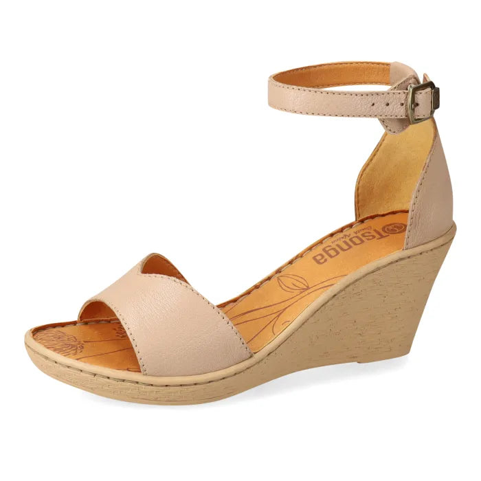 Beige wedge sandals with open-toe design on a white background