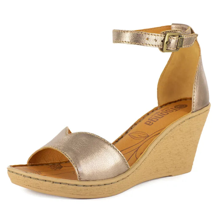 Gold wedge sandal with open toe on a white background