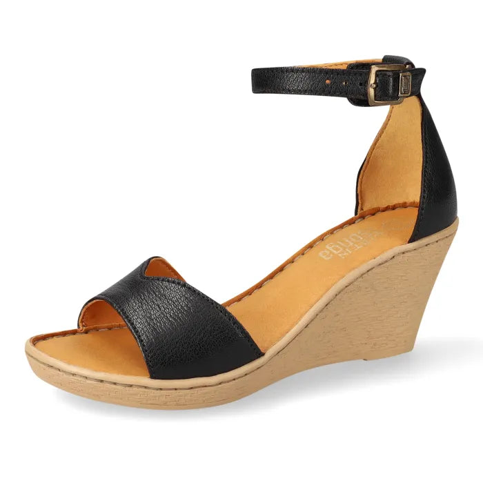 A single black leather wedge sandal with ankle straps and open toes, featuring a tan insole and a light brown wedge heel, shown on a white background.