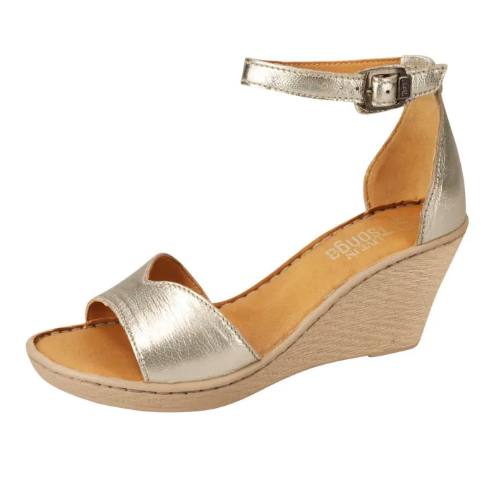 A metallic gold wedge sandal with an ankle strap and open toe, shown from a side profile on a white background.