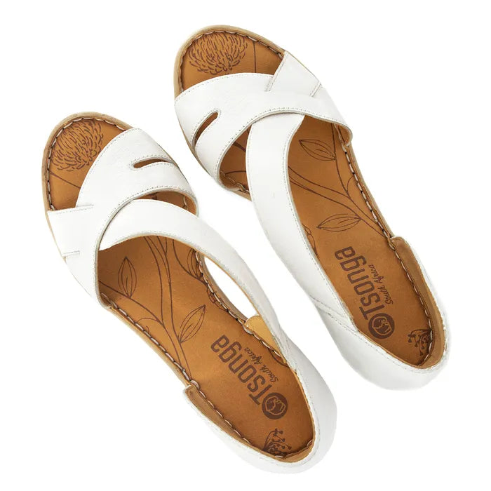 Pair of white sandals with beige soles on a white background