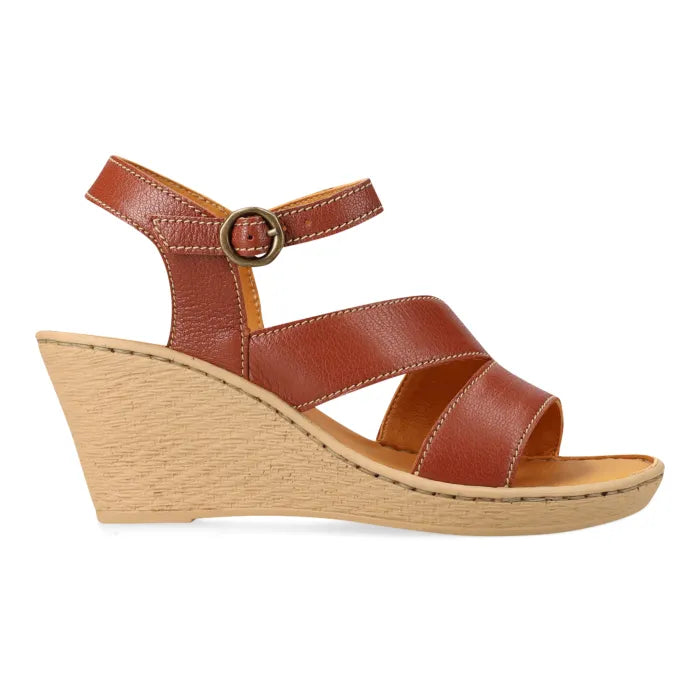 A women's wedge sandal with brown leather straps and a light wedge heel, shown in a side profile on a white background.