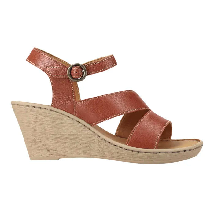 A women's wedge sandal with brown leather straps and a light beige wedge heel, shown in a side profile on a white background.