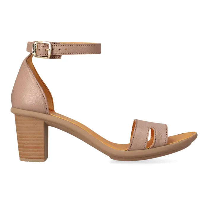 A single women's block-heel sandal in a beige colorway, featuring a low block heel, cutout toe straps, and an adjustable ankle strap with a gold-tone buckle.