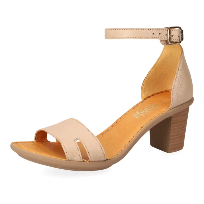 A women's block-heel sandal in beige leather with an ankle strap and cutout toe, shown from a side profile on a white background.