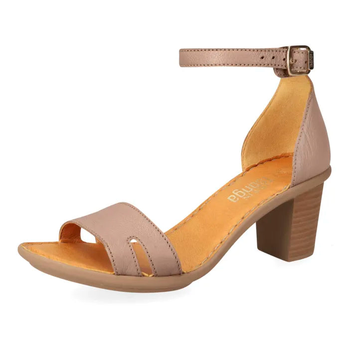 A women's block-heel sandal with an ankle strap, featuring a light beige leather upper and a warm tan insole, shown from a side profile on a white background.