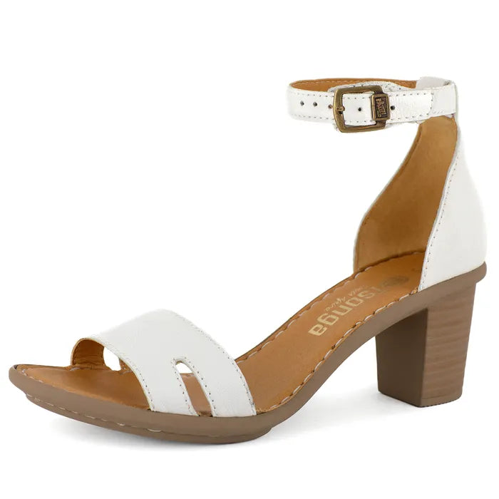 White sandal with brown block heel on a white background