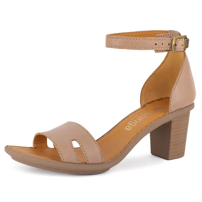 Beige sandal with a block heel on a white background