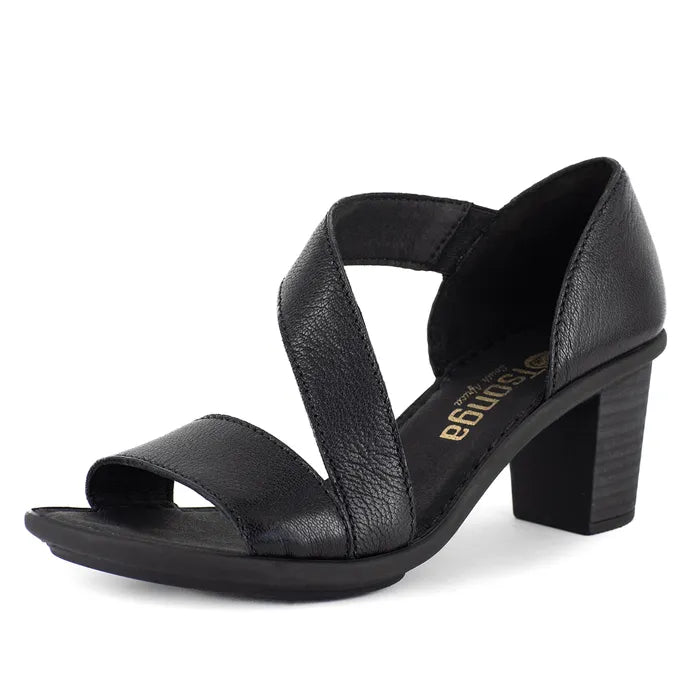 Black sandal with a block heel on a white background