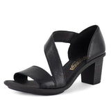 Black sandal with a block heel on a white background
