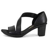 Black sandal with a block heel on a white background