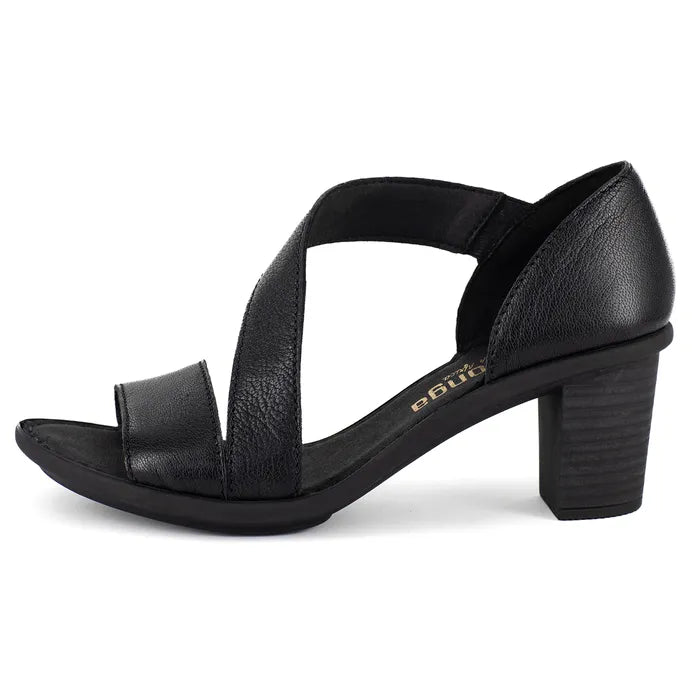 Black sandal with a block heel on a white background