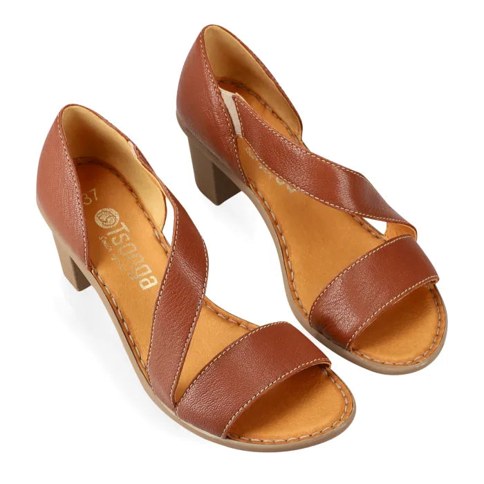 Pair of brown open-toe shoes on a white background