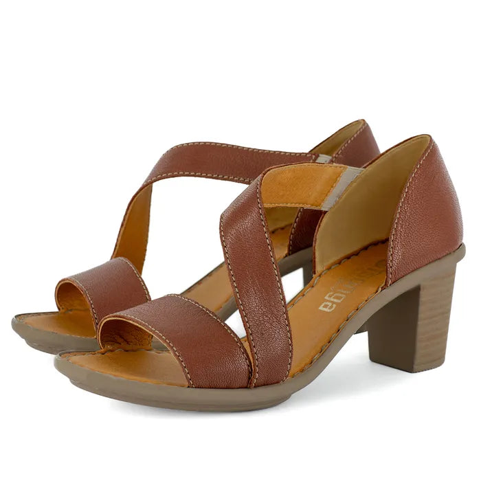 Brown sandals with a block heel on a white background