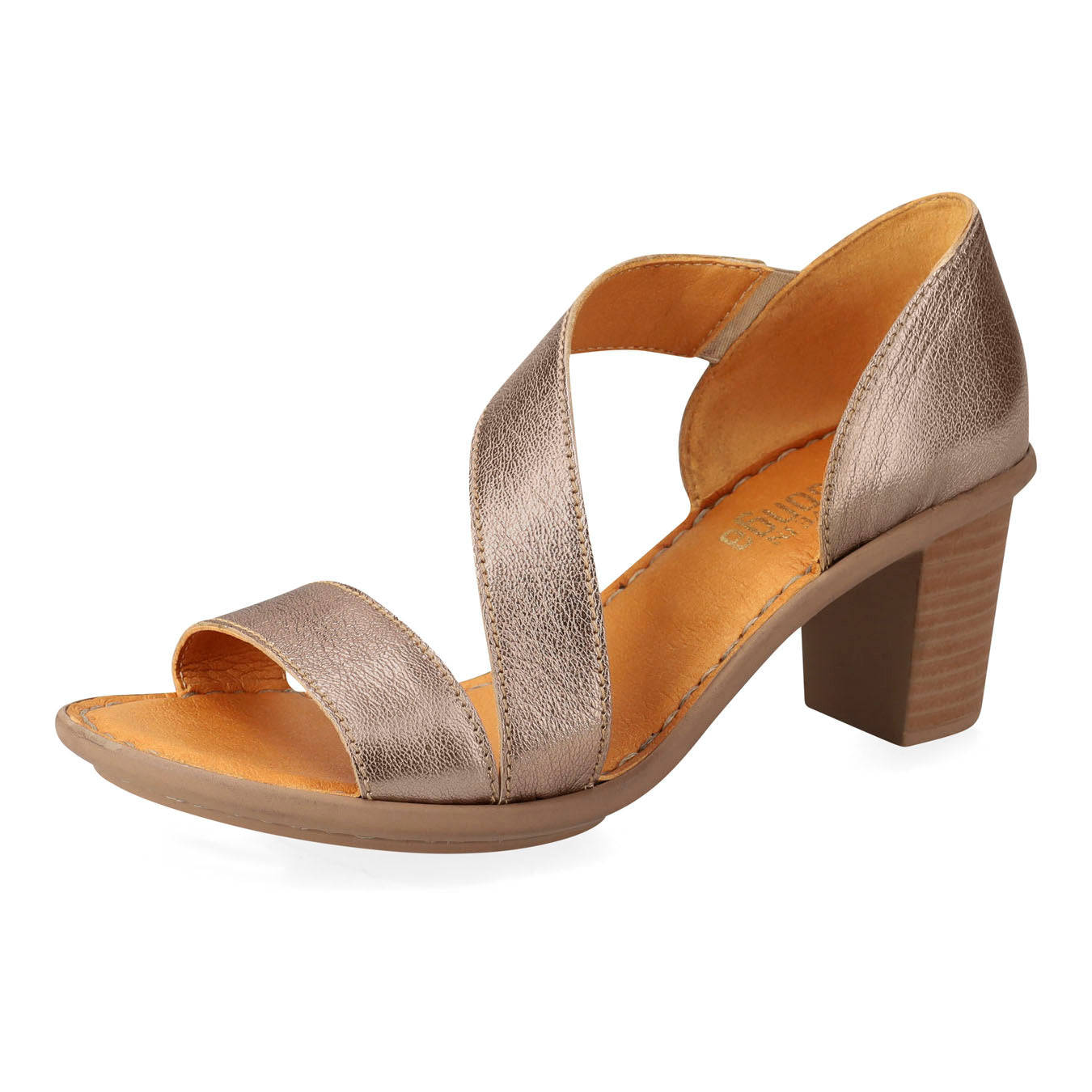 A single women's heeled sandal in a metallic rose gold finish, featuring criss-cross straps, an open toe, and a stacked wooden-texture block heel, shown against a plain white background.