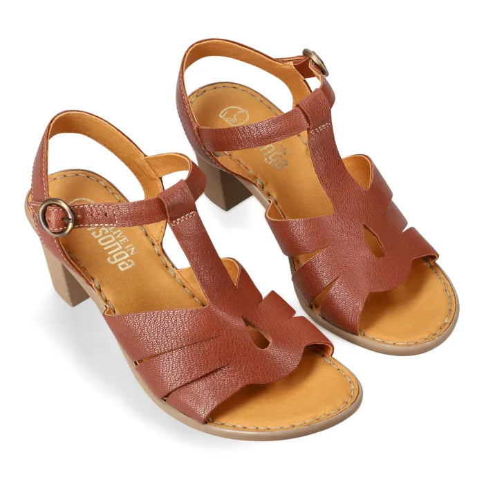 A women's brown leather block-heel sandal with a T-strap and ankle buckle, shown from a side profile on a white background.