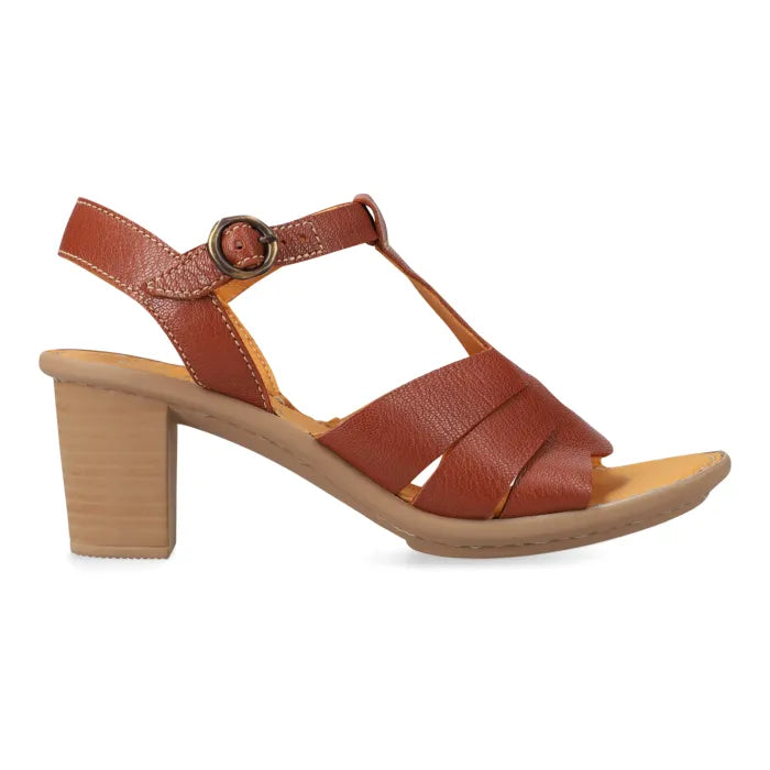 A brown leather T-strap sandal with a block heel and a small metal buckle on the ankle strap, shown from a side profile on a white background.