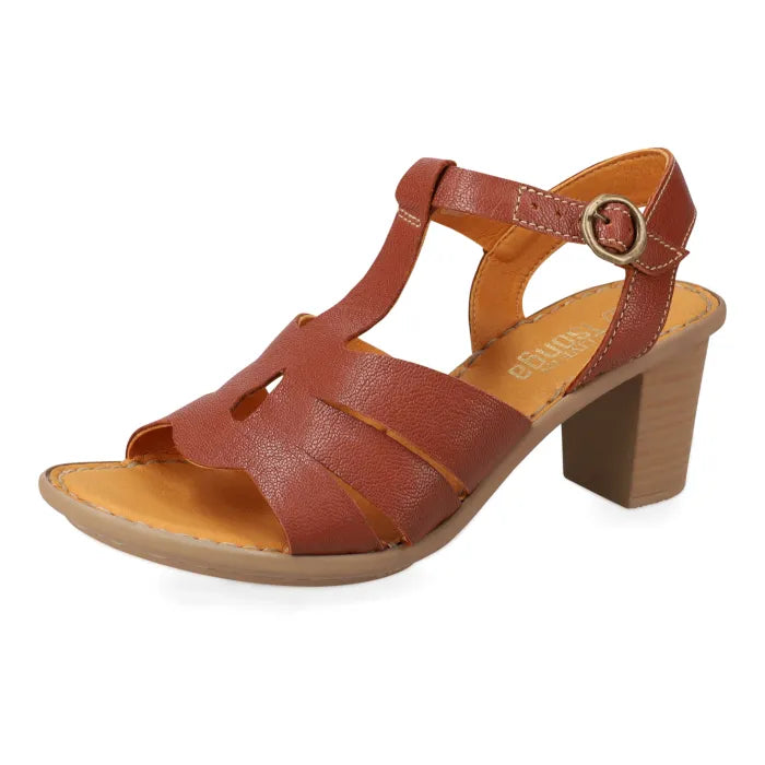 A women's brown leather block-heel sandal with a T-strap and ankle buckle, shown from a side profile on a white background.