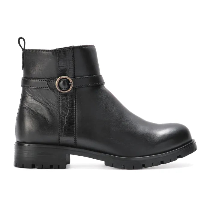 Black leather boot with a strap on a white background