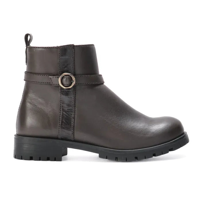 Dark brown leather boot with a buckle on a white background