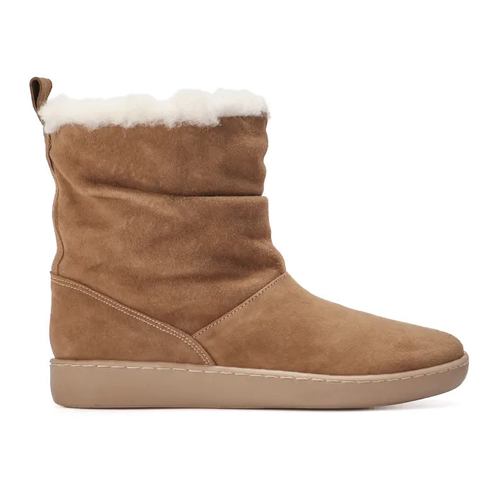 Brown suede boot with white wool lining on a white background