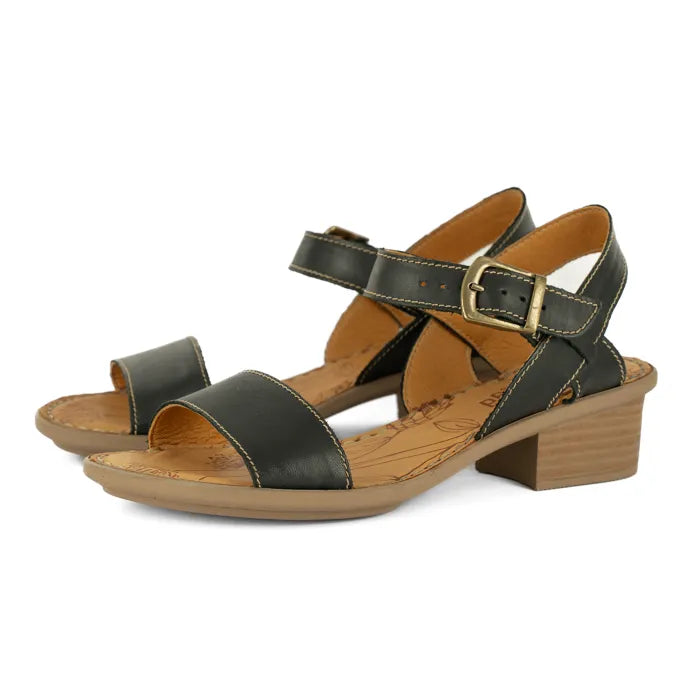 Women’s black block heel ankle strap sandal.
