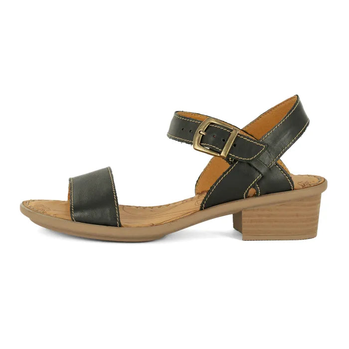 Women’s black block heel ankle strap sandal.