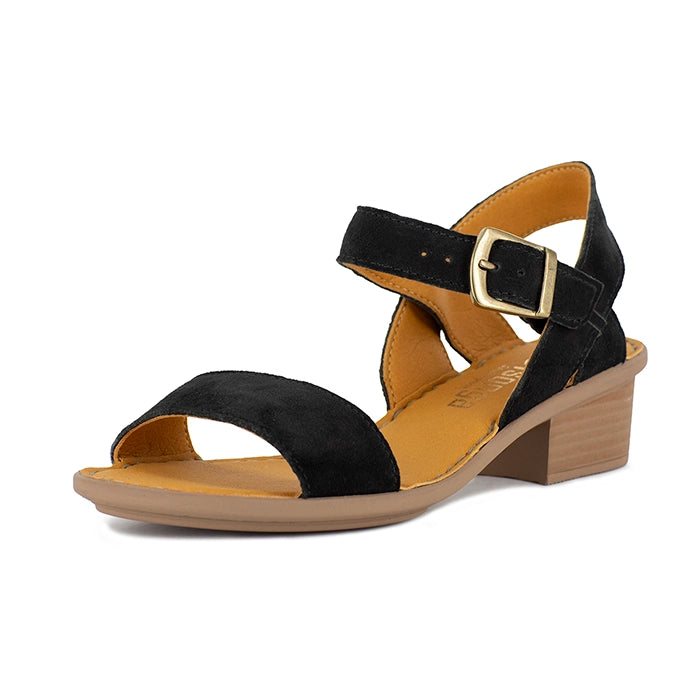 Black sandal with a tan heel on a white background