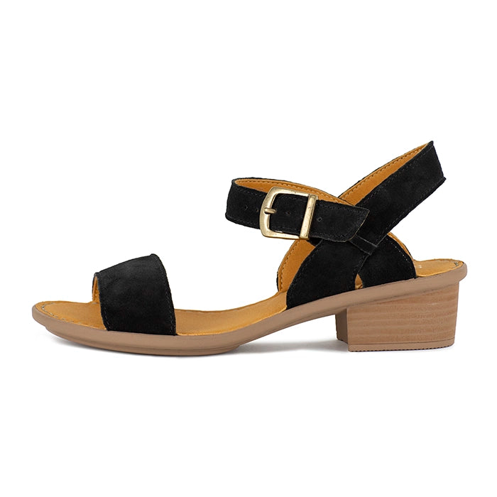 Black sandal with a gold buckle on a white background