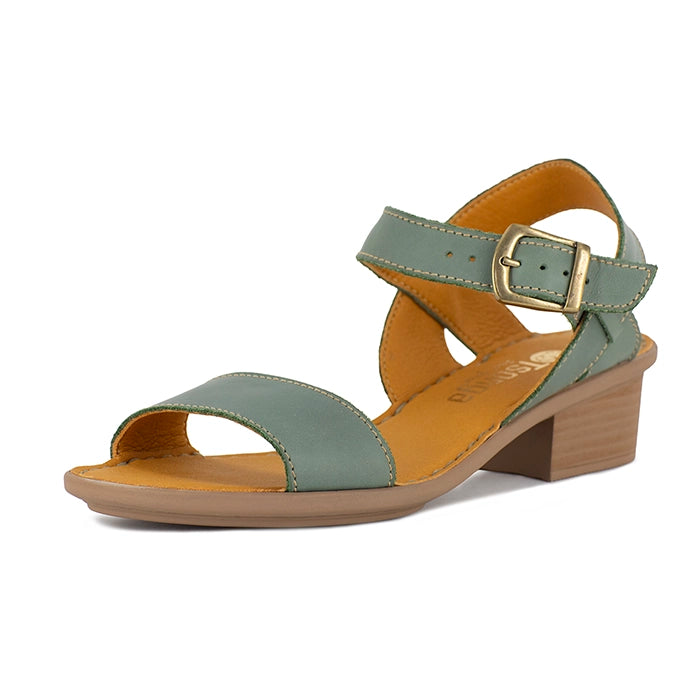 Green sandal with a beige heel on a white background