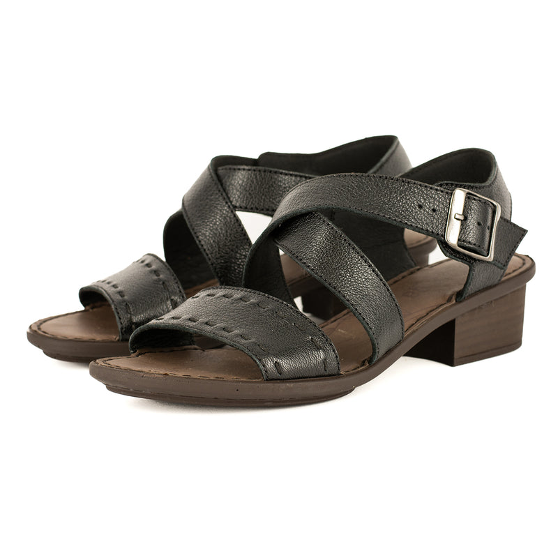 Nombeke : Ladies Leather Mid-Heel Sandal in Black Cayak
