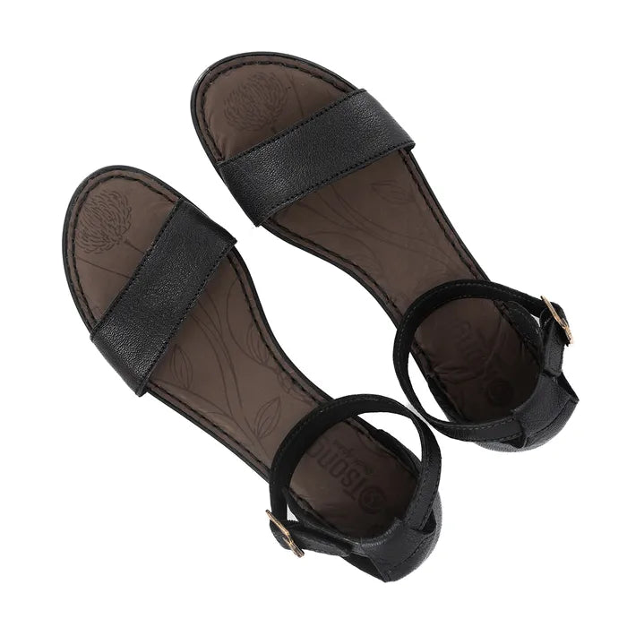 Women’s black block heel ankle strap sandal.