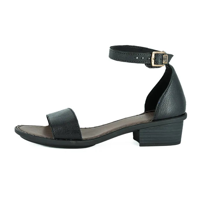 Women’s black block heel ankle strap sandal.