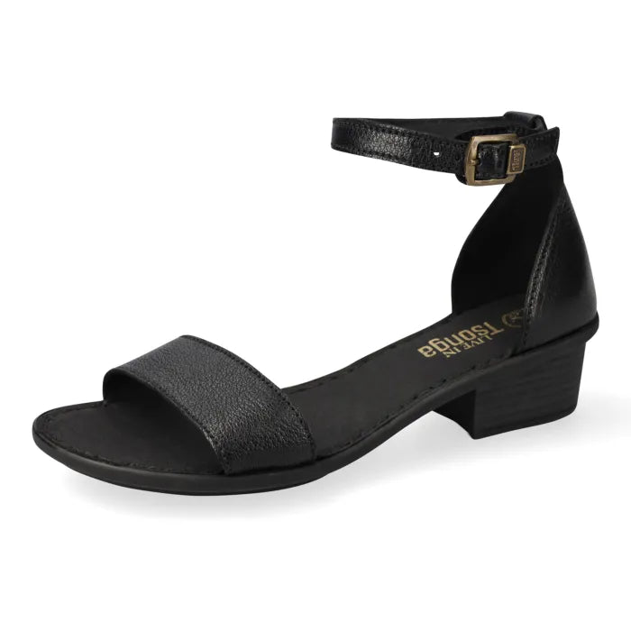 A single black leather sandal with an ankle strap and a low block heel, shown from a side profile on a white background. The brand name 'Tsonga' is printed in gold on the insole.