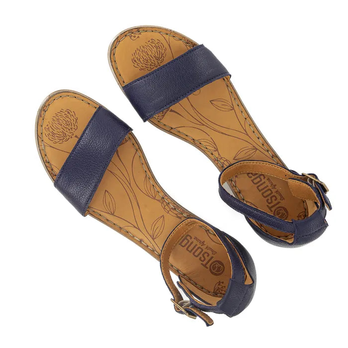 Women’s navy block heel ankle strap sandal.