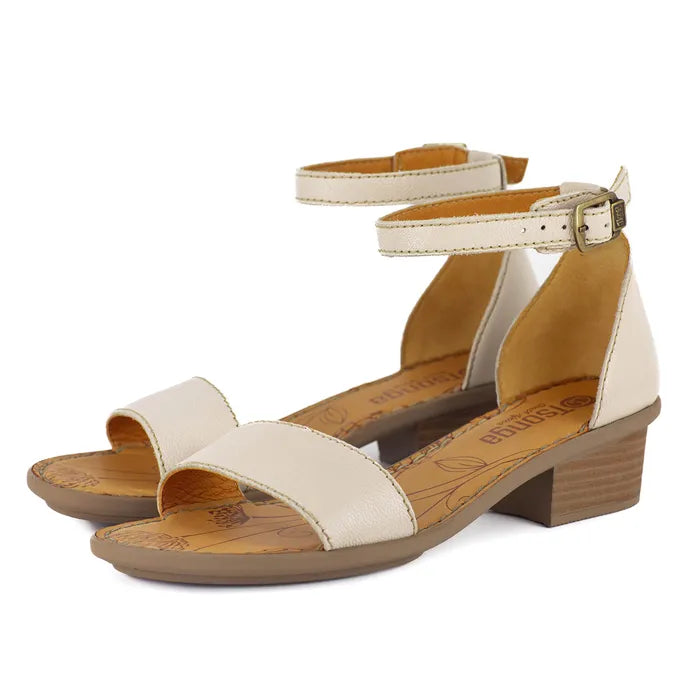 Beige sandals with a beige heel on a white background
